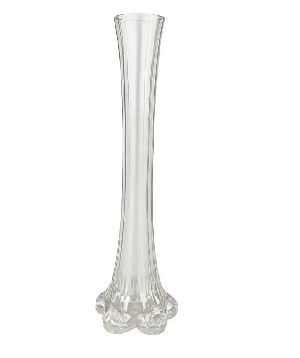 Glossy Clear Pressed Glass Ribbed Vase w/ Flared Decorative Base 11”